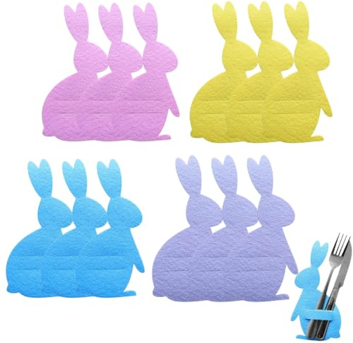 YIPFEN Porta Posate Pasquali, 12 pezzi Portautensili in Feltro Pasquale Riutilizzabile, Decorazione da Tavolo con Design a Coniglietto per Pasqua e Feste