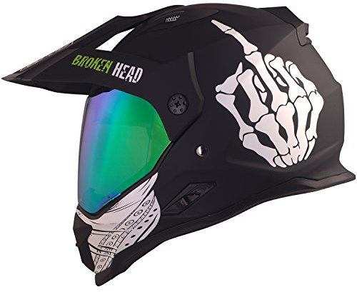 Broken Head Street Rebel grün Motocross-Helm Set mit grün verspiegeltem Visier - Enduro-Helm - MX Cross-Helm mit Sonnenblende - Quad-Helm (L 59-60 cm)