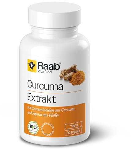 Raab Vitalfood® Bio Curcuma Extrakt Kapseln (90 Stück) - enthält Bio Curcuma Extrakt, Piperin und Curcuma Pulver, standardisierter Curcuminoidgehalt (150 mg pro 2 Kapseln), vegan, glutenfrei