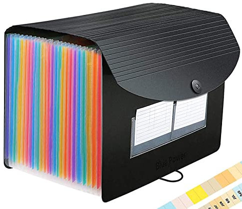 Expanding File Organisers, 24 Pockets Document Organiser Filing Boxes, Expanding File Folder, Accordion A4 Filing Folders Plastic Wallets,Bills Storage Box with Lid(Black)