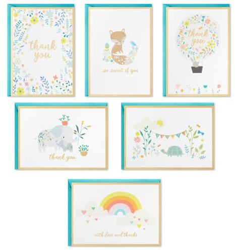 Hallmark Baby Shower tackkort sortiment, djur och blommor (24 kort med kuvert för baby pojke eller babyflicka) elefant, räv, kanin