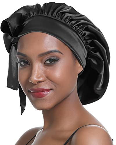 SENGTERM Bonnet de Nuit en Soie Femme aux Cheveux Bonnet en Satin Large Bande Soyeuse élastique à Double Couche pour Femmes Noires aux Cheveux Longs et bouclés (Black)