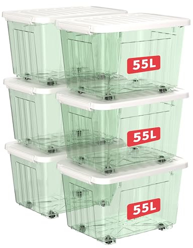 Cetomo 55L*6 Aufbewahrungsboxen, Rillen-verstärkte Kunststoffboxen mit Rollen & Deckeln, Stapelbare Aufbewahrungskiste, Ordnungsboxen für Zuhause und Büro, PP, Transparent Grün, 55L (6er Pack)
