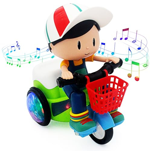 Tipmant Electric Tricycle Toy Cartoon Motorcycle Vehicle Stunt Performance, Music, Luminous Lights, Children Birthday Gifts (Boy)