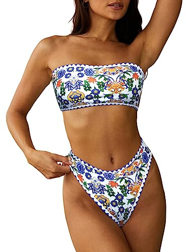ZAFUL Women Strapless Textured Bandeau Bikini 2 Piece Swimwear Cheeky Solid Lace up Bathing Suits(7-Blue Yellow,M)