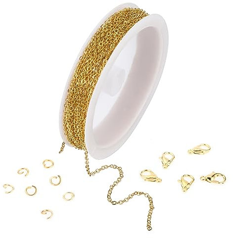 WLLHYF Vergoldete Kette, 490 cm, Edelstahl, Metallkabel, Kettenrolle mit 10 Karabinerverschlüssen, 30 Biegeringe für Halskette, Ohrringe, Armband, Verlängerungen für Schmuckherstellung, Silber (Gold)