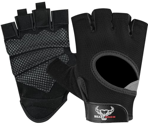 BEAST RAGE Guanti da palestra per il sollevamento pesi per uomini e donne, traspiranti, antiscivolo, con palmo imbottito in silicone, per il ciclismo, l'allenamento per la forza. (M, NERO)