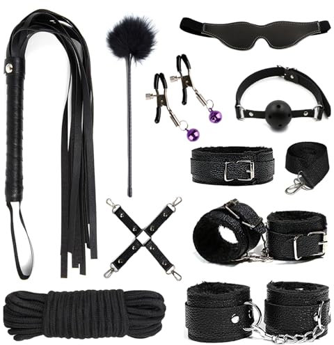 10 Piece Restraint Handcuff Set - BDSM Bondage Kit, Includes Handcuffs Collars Whip Gags Blindfolds Nipple Clamps Ropes for Adult Games, Comfortable PU Leather Plush, Lover Gifts