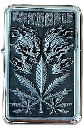 Feuerzeug Sturmfeuerzeug HANF Benzinfeuerzeug Raucherbedarf Chrom Metall (Hanf mit 2 Skull)
