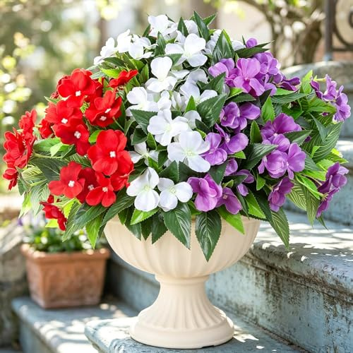 Hobyhoon 3 Mix-colors Artificial Flower Outdoor Flower Bouquet Silk Faux Impatiens Flowers for Garden Home Graves Room Decor (Red White and Purple)