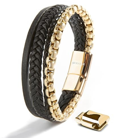 SERASAR Bracciale in Pelle Per Uomo 20cm Da Oro Gioiello da intrecciato Avvolgente Catena