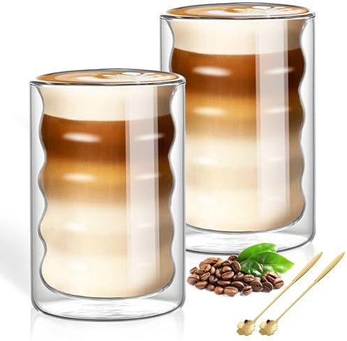 KEHTUNAHT Tasse à Café Double Paroi 2 x 400 ml Verre Double Paroi Latte Macchiato avec 2 Cuillère Tasses à Cappuccino Isolant Double Paroi Tasse en Verre Transparente pour Café Glacé Thé Lait Bière