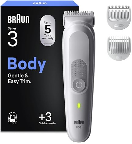 Braun Cortacésped Para El Cuerpo, Body Groomer Series 3, 3 Herramientas De Afeitado, Con Protección SkinGuard, Autonomía De 80 Min, Suave Para Zonas Sensibles, Afeitarse Y Cortar, Impermeable,