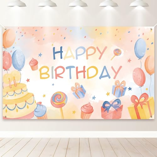 PartyYaa Striscione decorativo di compleanno per bambini, striscione Happy Birthday - Extra large - Decorazione cabina fotografica per bambine e bambini (beige)
