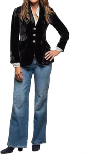 Blazer de Terciopelo Ajustado con Abertura para Mujer Chaqueta de Terciopelo de Manga Larga para Oficina Estilo Vintage con Cuello en V y Botones en la Parte Delantera para Oficina (Negro,L)