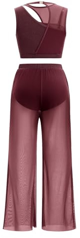FYMNSI Costumes de danse lyrique pour femmes - Vêtements de danse moderne contemporaine - Tenue de ballet - Sans manches - Haut court - avec pantalon à jambes larges, rouge bordeaux, L