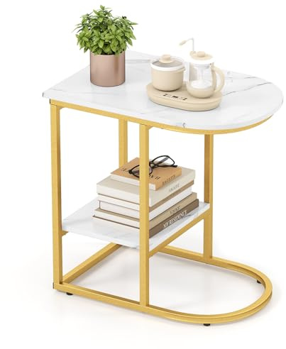 COSTWAY Table d'Appoint en Forme de C, Plateau Effet Marbre, Bout de Canapé 2 Niveaux, Design Moderne, Cadre en Métal, pour Salon, Chambre