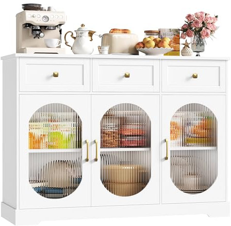 FirFurd Aparador Blanco, Aparador Cocina con 3 Puertas de Cristal, Vitrina Salón, Vitrinas y Aparadores, Muebles de Cocina, con Encimera, 3 Cajones, Estante Ajustable, 120x89x39,8cm