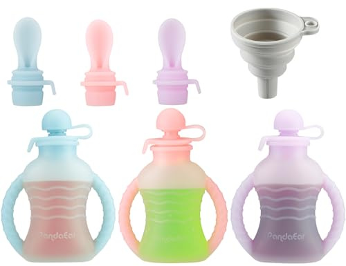 PandaEar Paquete de 3 bolsas de silicona reutilizables para alimentos para bebés con 3 cucharas de puré y embudo | Bolsa de almacenamiento de alimentos para niños pequeños de 4 onzas con asa | Bolsas
