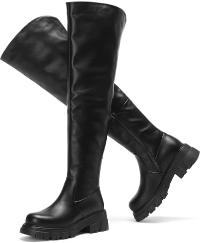 Pixoecuty Black Thigh High Boots For Women Platform Slouch Over The Knee Fall Boots Lug Sole Low Chunky Heel Curve-friendly ASIAN 39