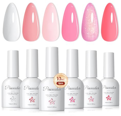 PEACECOLOR Smalto Semipermanente Unghie 10ML, Rosa Bianco Series 6 Colori Smalti Semipermanenti per Unghie Soak Off UV/LED Gel Polish per Principiante Smalto Gel Professionali Kit Manicure Regalo