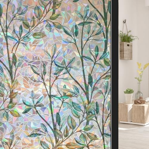 ConCus-T 3D Rainbow Leaf Window Privacy Film Static Cling, 75 x 200 cm