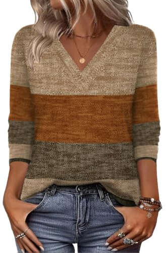 Zeagoo Tee Shirt Manche Longue Femme Décontracté Col V Haut Ample Tshirt | T-Shirt Automne et Hiver｜Chemisier Manches Longues Fleurie｜T Shirt Leopard Femme｜Blouse Femme Chic｜Chemise Top Imprimé｜S-3XL