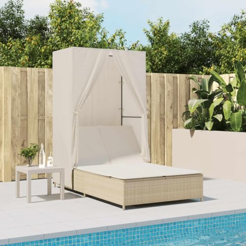 Nusvialune Dubbel solstol med tak och gardiner beige poly rotting justerbar för trädgård balkong terrass strand pool solstol avslappnande utomhus dagbädd wellness