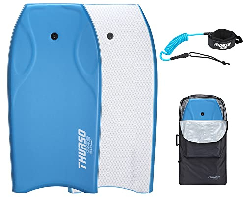 THURSO SURF 42'' Body Boards for Beach Pool Lightweight PE Core IXPE Deck HDPE Bottom FRP Stringers High Performance Body Board with Double Swivel Surf Leash and Bodyboard Bag Lightning Azure