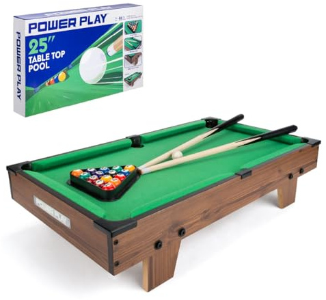 Power Play | Pool Table Game, Portable Wooden Classic Games Table, Indoor Outdoor Game for Kids and Adults, Brown 25inch