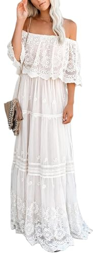 MERMAID'S CLOSET Womens Casual Off The Shoulder Maxi Brides Dress White Lace Sleeve Bridal Shower Wedding Guest Party Dresses