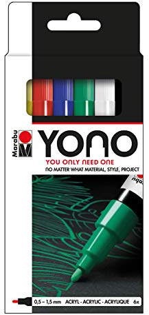 Marabu 1240000003999 - YONO Marker Set mit 6 Farben, vielseitige Acrylstifte mit feiner, japanischer Rundspitze 0,5 - 1,5 mm, wasserbasiert, lichtecht und wasserfest, für nahezu alle Untergründe