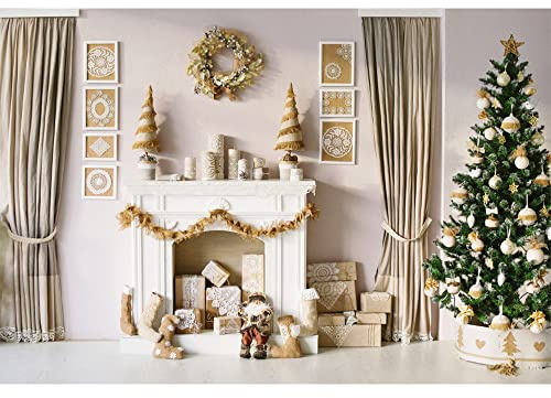 Aoihrraan Toile de Fond de Noël 3,5x2,5m - Arbre, Cheminée, Chaussettes, Cadeaux - Rideaux Salon Intérieur pour Photographie, Nouvel An, Fête, Enfant, Anniversaire - Accessoires Studio Photo