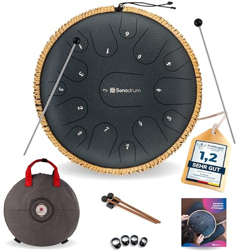 Sonodrum Zungentrommel Premium C - Dur in Dunkelblau - 35 cm groß mit 15 Tönen. Steel Tongue Drum inkl. Liederbuch, Schlägel, Fingersticks und Tragetasche. Notenlesen nicht nötig, einfach zu spielen