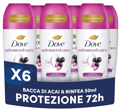 Dove, Deodorante Roll On Advanced Care Açai, Antitraspirante, Formula Delicata Con Tripla Azione Idratante, Protezione Fino a 48 Ore, Unisex, 6 Pezzi da 50 ml