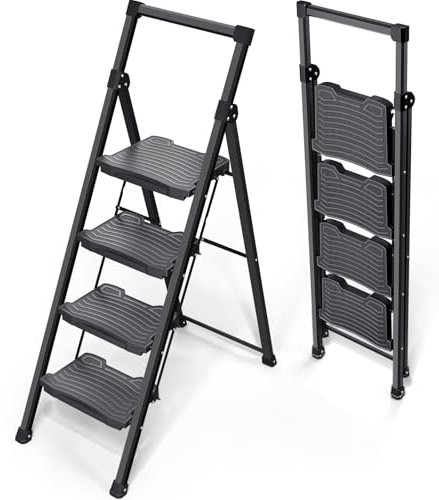 KINGRACK 4 Step Ladder, Sturdy Step Stool with Handrail, Anti-Slip Wide Pedals, Foldable Step Stool for Home, Garage, Garden, Safety Locking, Pass 900LBS Testing, Black
