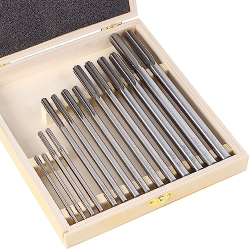 Premium HSS Chucking Reamer Set 14-Piece (0.1240 - 0.5010), Straight Flute Right Hand Cut Machine Reamers with Upgraded Secure Wooden Case for Metalworking, Milling & Lathes