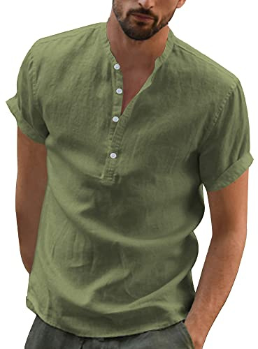 YAOBAOLE Chemisette Homme Manche Courte Chemise en Lin pour Hommes Chemises Col Mao pour Hommes Chemise Été Vetement Homme Vert Armée L
