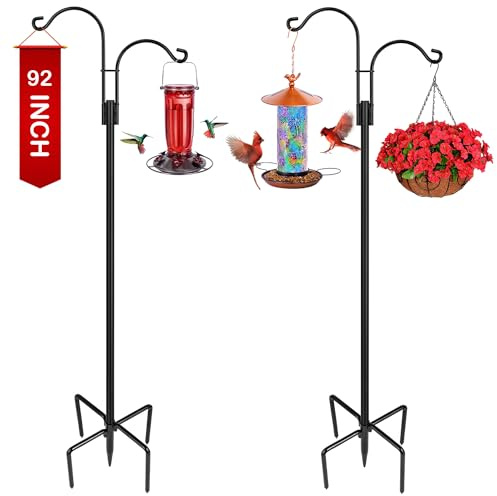 XDW-GIFTS Double Shepherds Hooks for Outdoor, 2-Pack Heavy Duty Garden Pole for Hanging Bird Feeder, Plant Baskets, Solar Light Lanterns, Garden Plant Hanger Stands with 5 Base Prongs