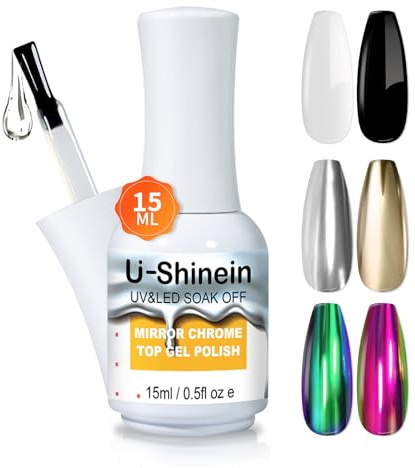 U-Shinein 15ml Top Coat for Metallic Painting Gel, No Wipe Top Gel Polish for Metallic Gel Nail Polish, Chrome Nail Polish, Chrome Nail Powder, Mirror Nail Gel, Easy to Make Mirror Chrome Effect