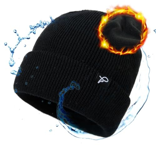 TOP-EX Men's & Women's Winter Beanie Waterproof, Fleece Lined Knit Cap Big Heads – Durable Water-Proof Hat for All-Weather Warm Rain, Black Small Medium