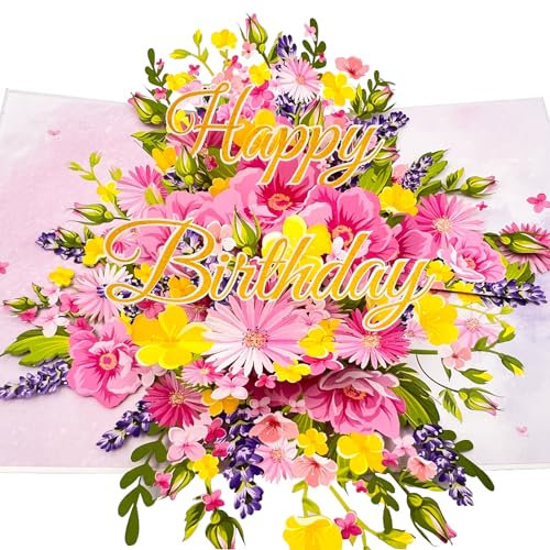 YianHien Geburtstagskarte Frau, Romantische Rosa Blumen Pop Up Karte Geburtstag mit Umschlag, Geburtstagskarte 3D zum 20 30 40 50 60 70 80 90 100 Geburtstag Frau Mama Freundin Oma Tochter Schwestern