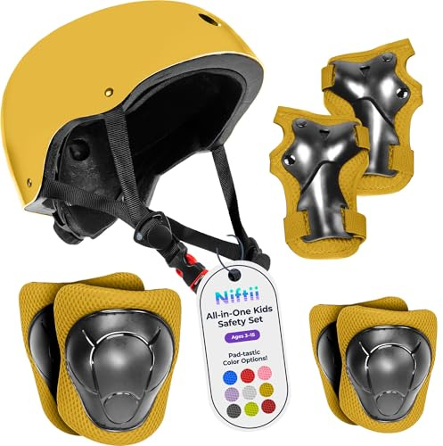 Niftii Casco per bambini con imbottiture, regolabile, multi-sport, completo di sicurezza per ciclismo, skateboard e scooter, ideale per ragazzi e ragazze dai 3 ai 15 anni, colore: giallo