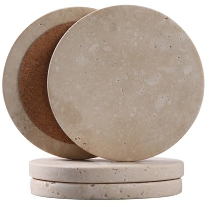 CASACOUTURE-Travertine-Stone-Coasters Set of 4-Round -4 Diameter Drink Coasters for Housewarming Gift, Desktop Protection Suitable for Various Cups - Sturdy and Durable Aesthetics