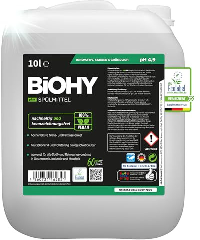 BiOHY Washing Up Liquid Plus (10 Litre Canister) | Organic Liquid Concentrate for Tableware with EU Ecolabel | Extra Powerful Grease Remover | Ideal for Washing Up Liquid Dispenser | Environmentally