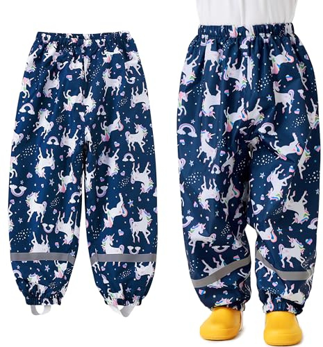 Baogaier Pantalon de Pluie pour Enfants, Non doublée Pantalons Coupe-Vent et imperméable Pluie, Cheval Bleu Marine Fille Anti-Boue Léger et Fin Pants avec Réfléchissant pour 9-10 Ans