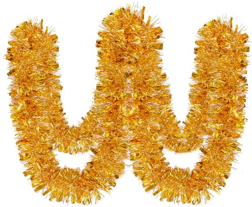 HuiCloud 10M/32Feet Gold Christmas Tinsel Garland, Metallic Shiny Thick Hanging Tinsel Garland for Christmas Tree Decoration Wreath Wedding Xmas Party Supplies