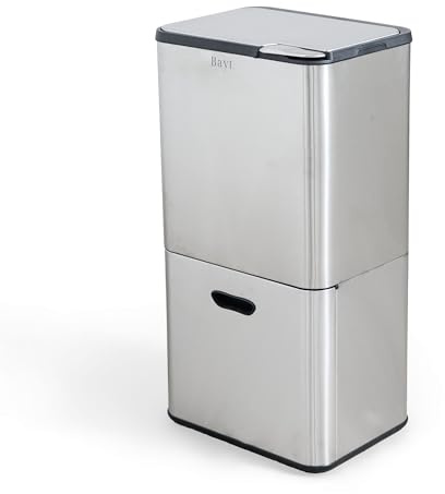 Bayt Cubo de Basura - Cubo de Basura con 2 Compartimentos Verticales (27+33 Litros), Papelera para la Separación Inteligente de Residuos, Acero Inoxidable, Total 60 Litros, Plata