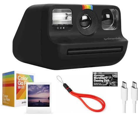 Polaroid Go - Cámara instantánea (negro) con doble paquete de película de color y paño de microfibra