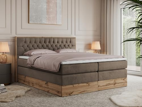 MKS MEBLE King Boxspringbett 180x200 mit Bettkasten und Kopfteil, Bonell Polsterbett mit Matratze H4 und Topper Visco, Bett mit Holzrahmen in Wotan Eiche - Braun Velvet - Amore King